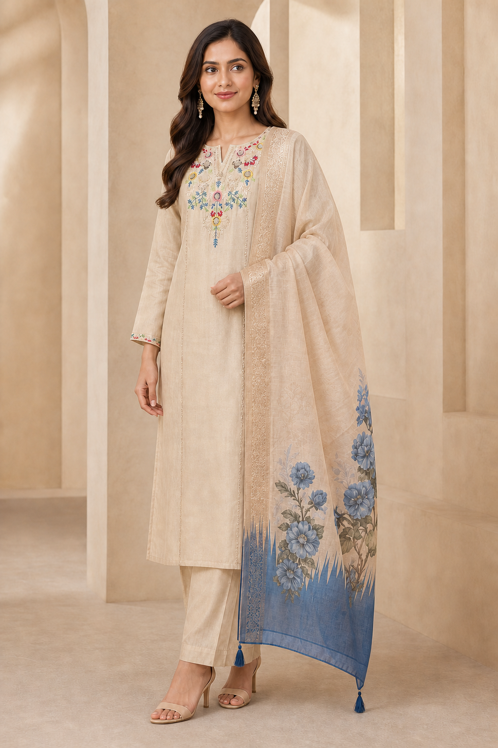 Chikoo Mul Chanderi Floral Embroidered Salwar Suit Set - Image 5