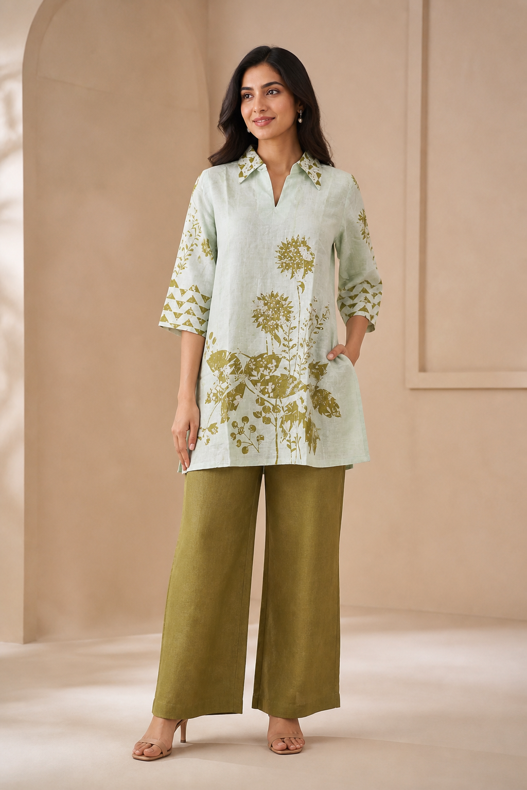 Green Linen Botanical Printed Co-ord Set - Image 1