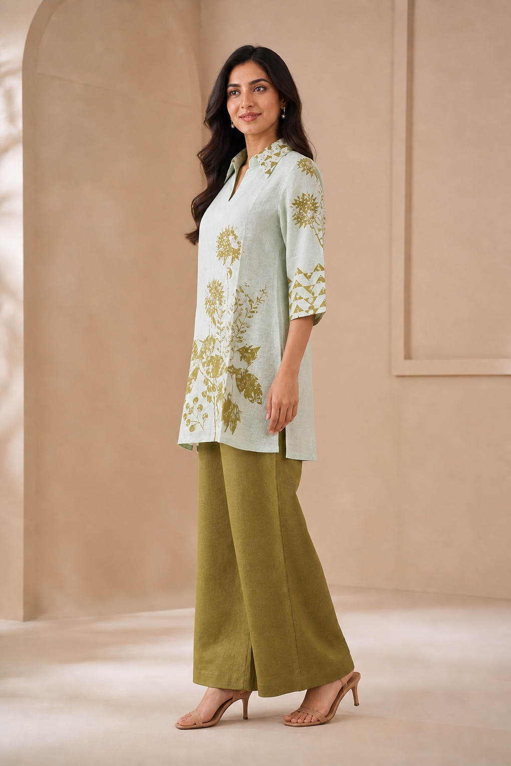Green Linen Botanical Printed Co-ord Set - Image 3