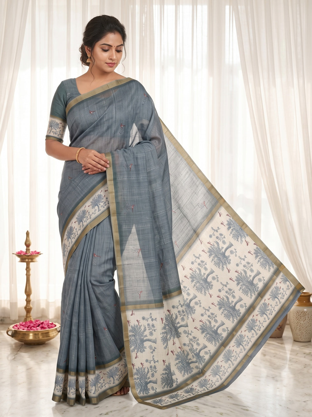 Peachmode Slate Blue Floral Printed Linen Blend Saree - Image 1