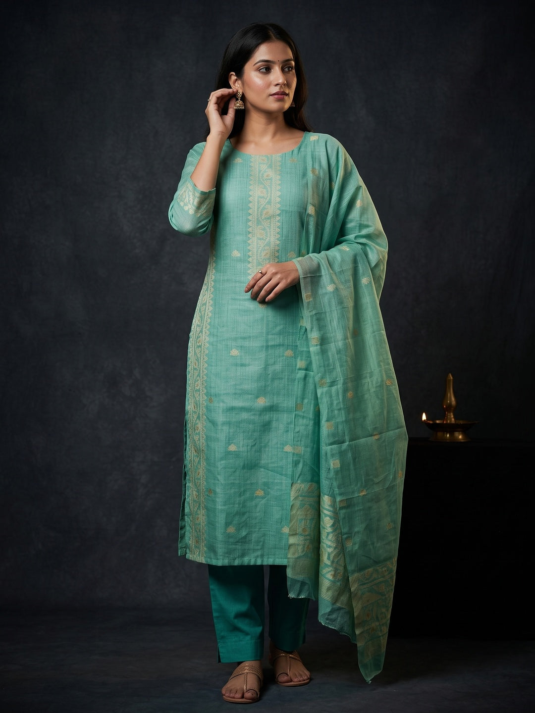 Sea Green Chanderi Cotton Dress Material Featuring Detailed Woven Design - Image 2
