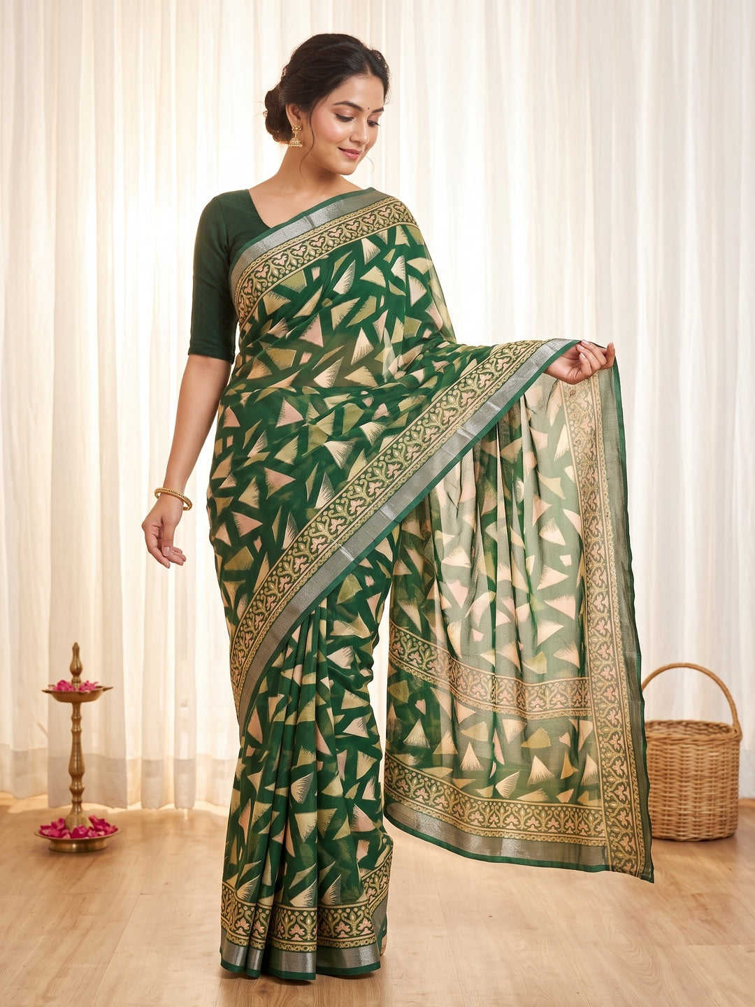 Green Saree in Brasso with Contemporary Geometric Print - Image 5