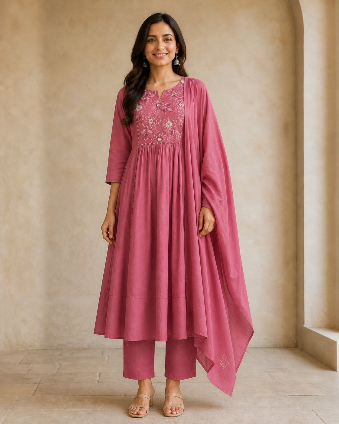 Pink Pure Cotton Floral Embroidered Mirror Work Anarkali Salwar Suit Set - Image 2