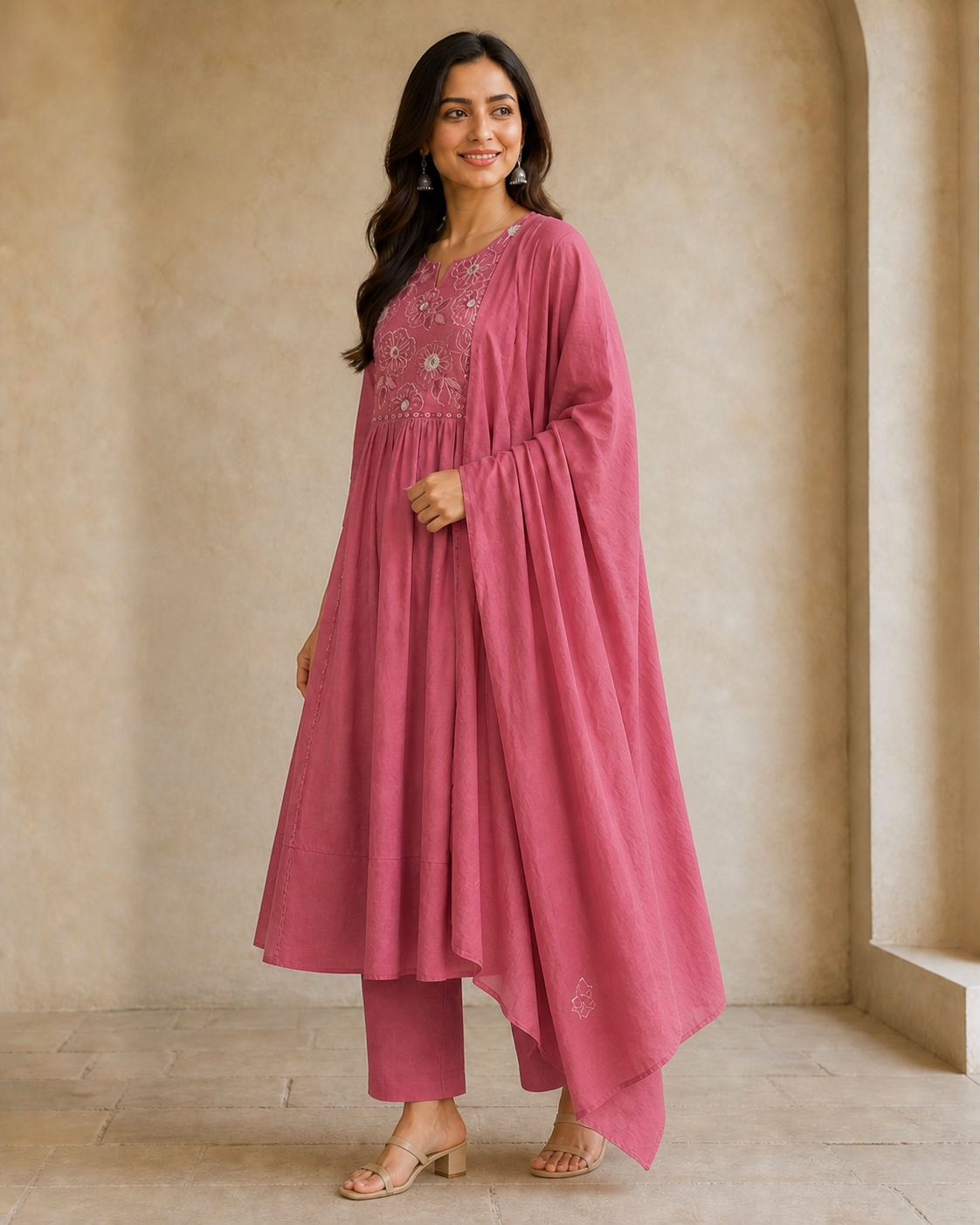 Pink Pure Cotton Floral Embroidered Mirror Work Anarkali Salwar Suit Set - Image 3