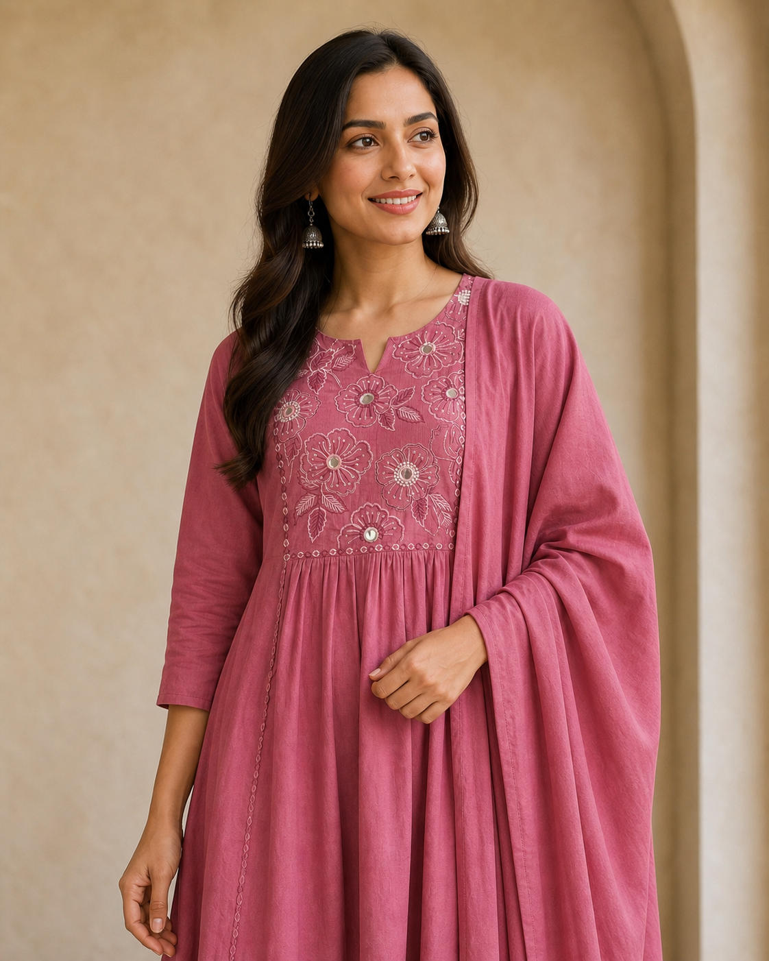 Pink Pure Cotton Floral Embroidered Mirror Work Anarkali Salwar Suit Set - Image 5