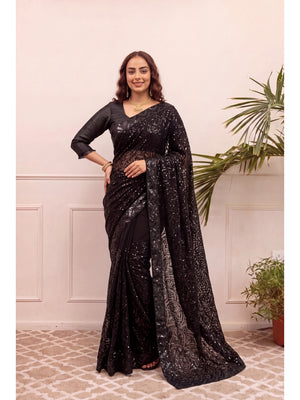 Peachmode Black Sequin Embroidered Georgette Saree - Image 1