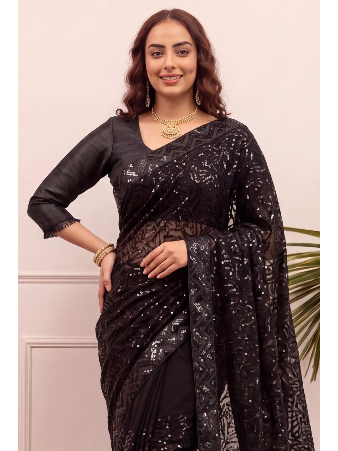 Peachmode Black Sequin Embroidered Georgette Saree - Image 2