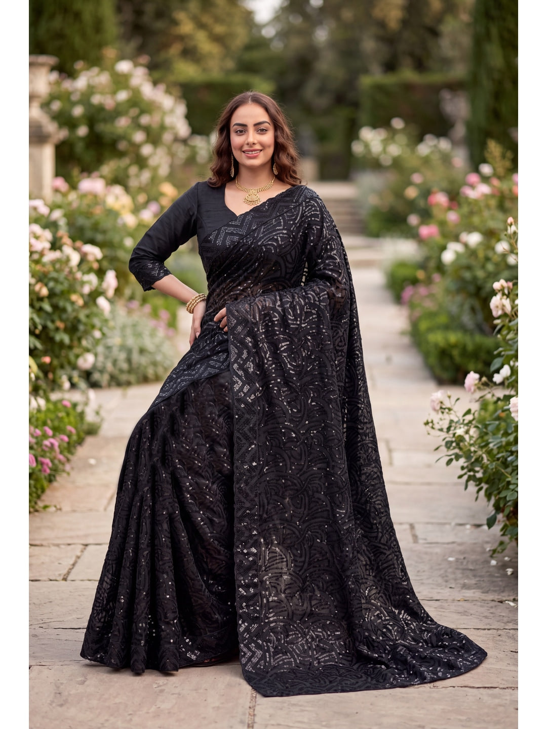 Peachmode Black Sequin Embroidered Georgette Saree - Image 3
