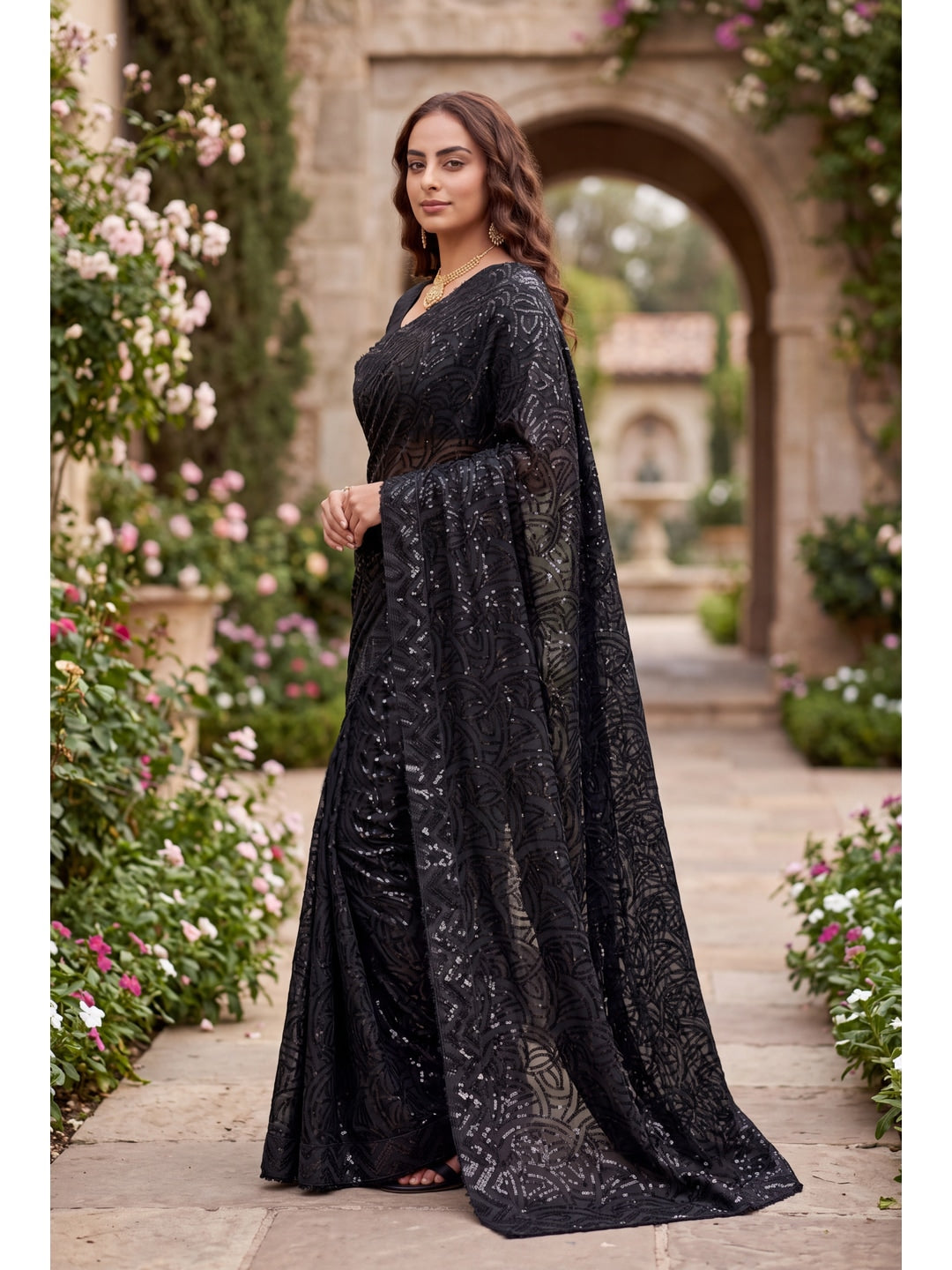 Peachmode Black Sequin Embroidered Georgette Saree - Image 4