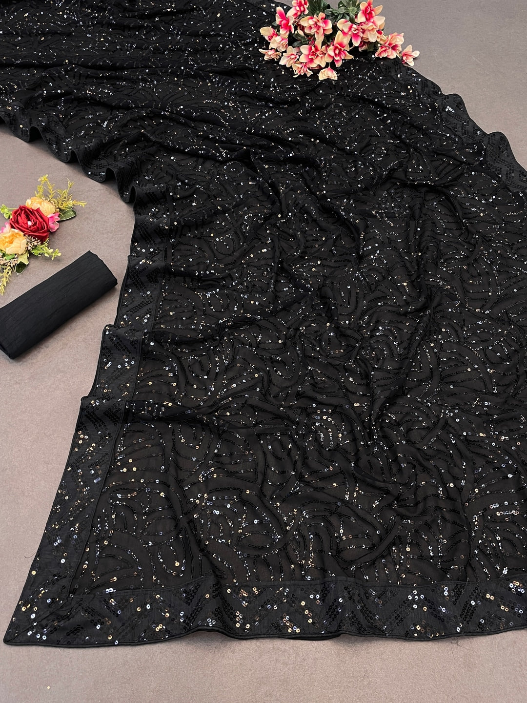 Peachmode Black Sequin Embroidered Georgette Saree - Image 5