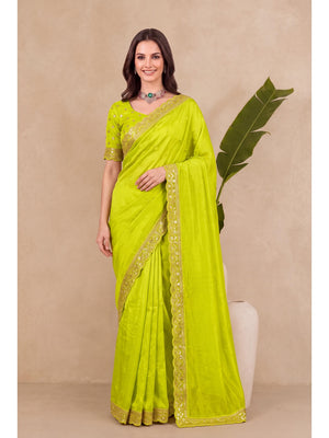 Peachmode Lime Green Sequin Embroidered Soft Silk Saree - Image 1