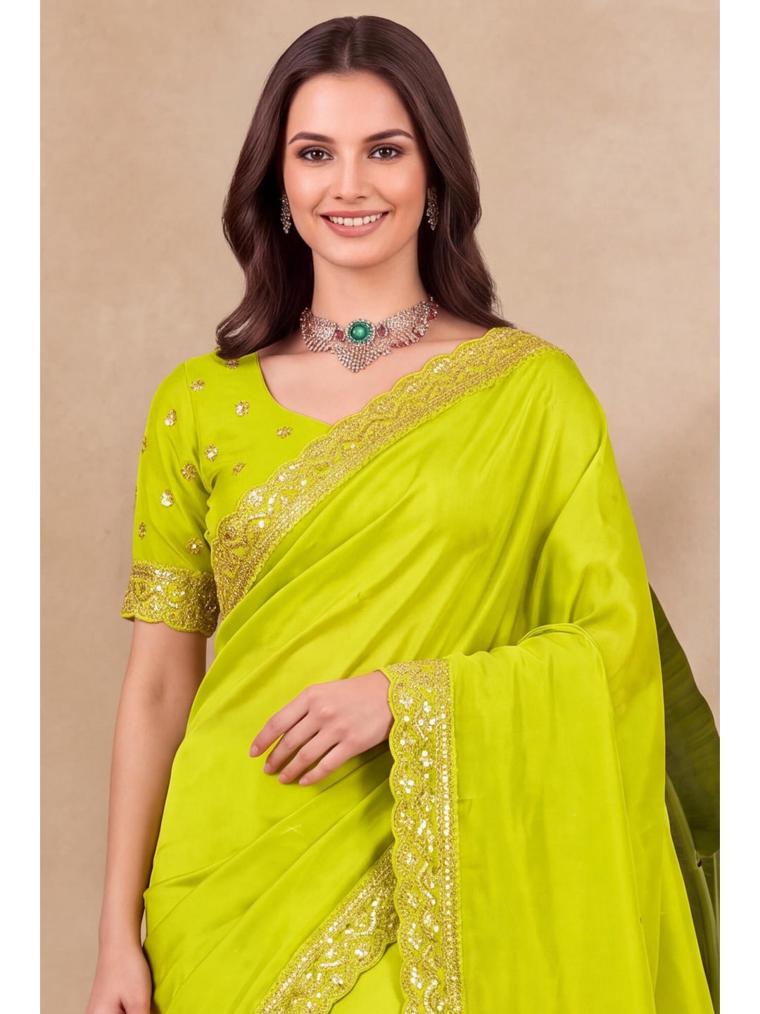 Peachmode Lime Green Sequin Embroidered Soft Silk Saree - Image 2
