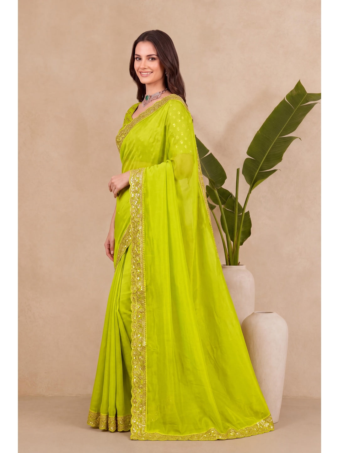 Peachmode Lime Green Sequin Embroidered Soft Silk Saree - Image 3