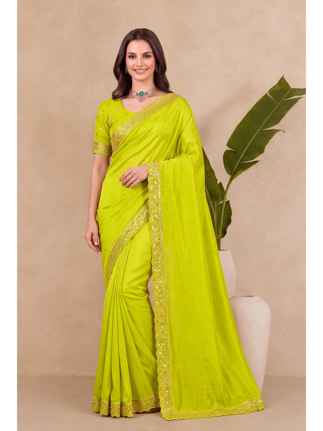 Peachmode Lime Green Sequin Embroidered Soft Silk Saree - Image 4