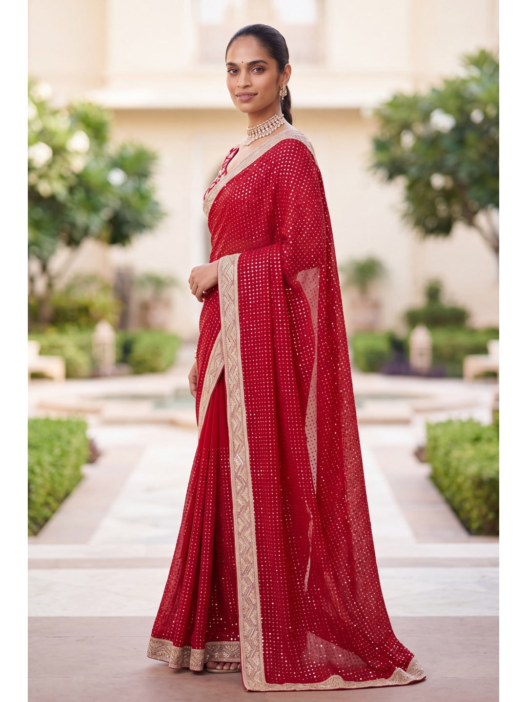 Peachmode Red Sequin Embroidered Georgette Saree - Image 2