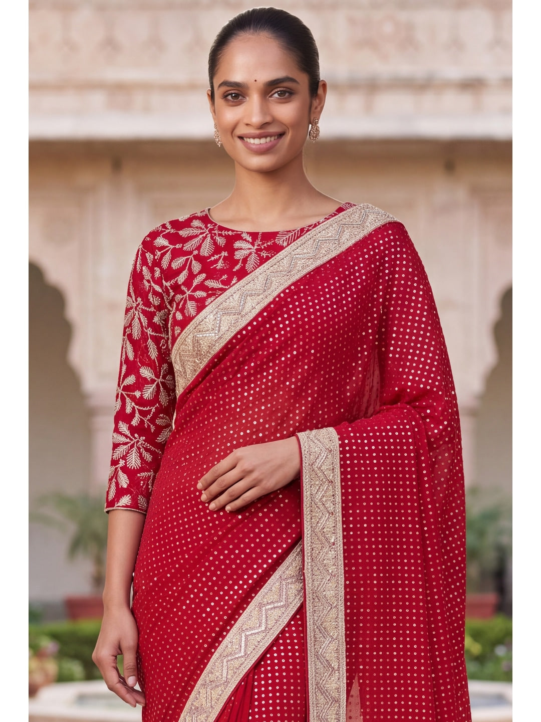 Peachmode Red Sequin Embroidered Georgette Saree - Image 3