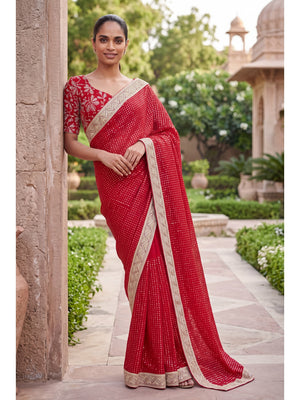 Peachmode Red Sequin Embroidered Georgette Saree - Image 1
