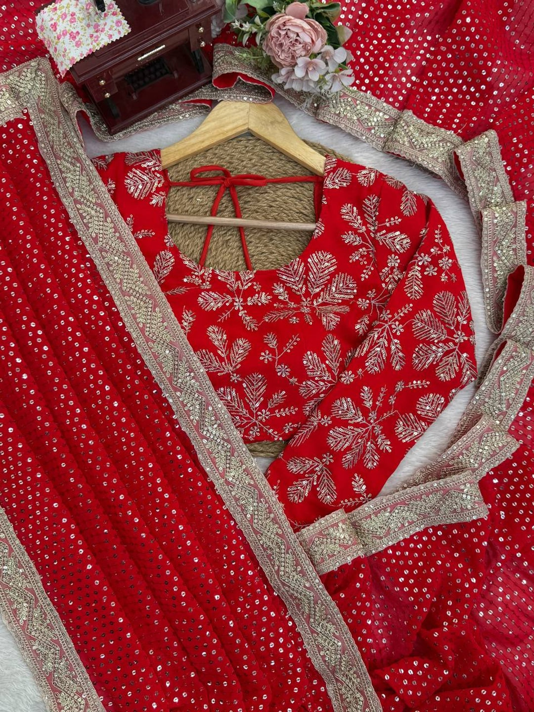 Peachmode Red Sequin Embroidered Georgette Saree - Image 5