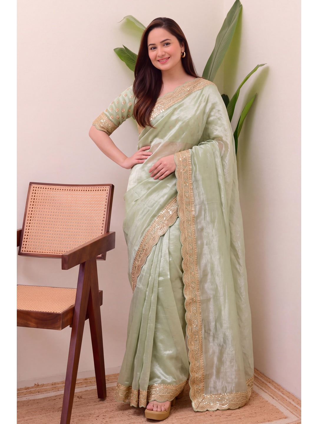 Peachmode Mint Green Sequin Embroidered Soft Silk Saree - Image 1