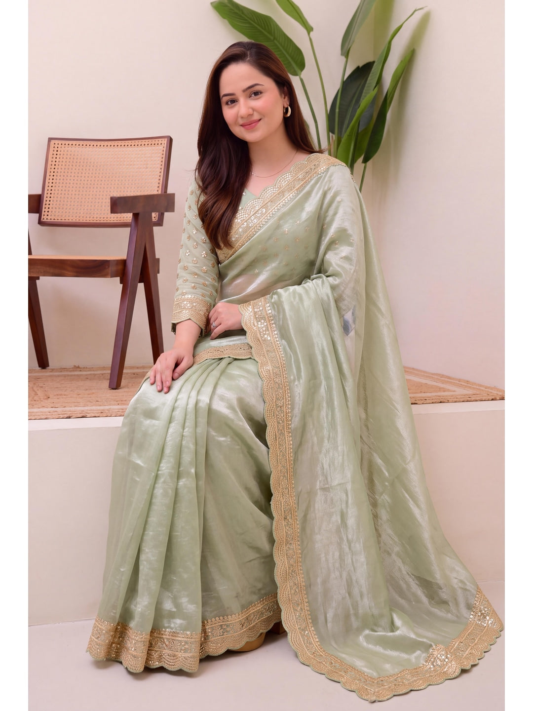 Peachmode Mint Green Sequin Embroidered Soft Silk Saree - Image 2
