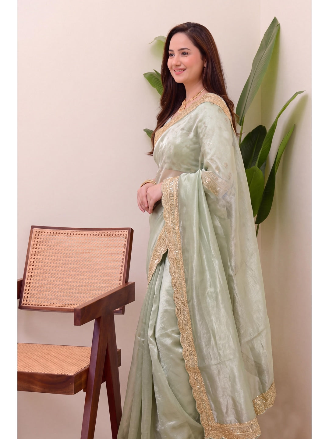 Peachmode Mint Green Sequin Embroidered Soft Silk Saree - Image 3