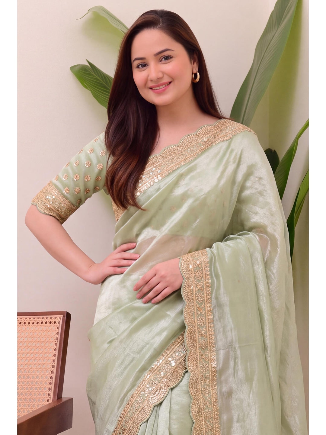Peachmode Mint Green Sequin Embroidered Soft Silk Saree - Image 4