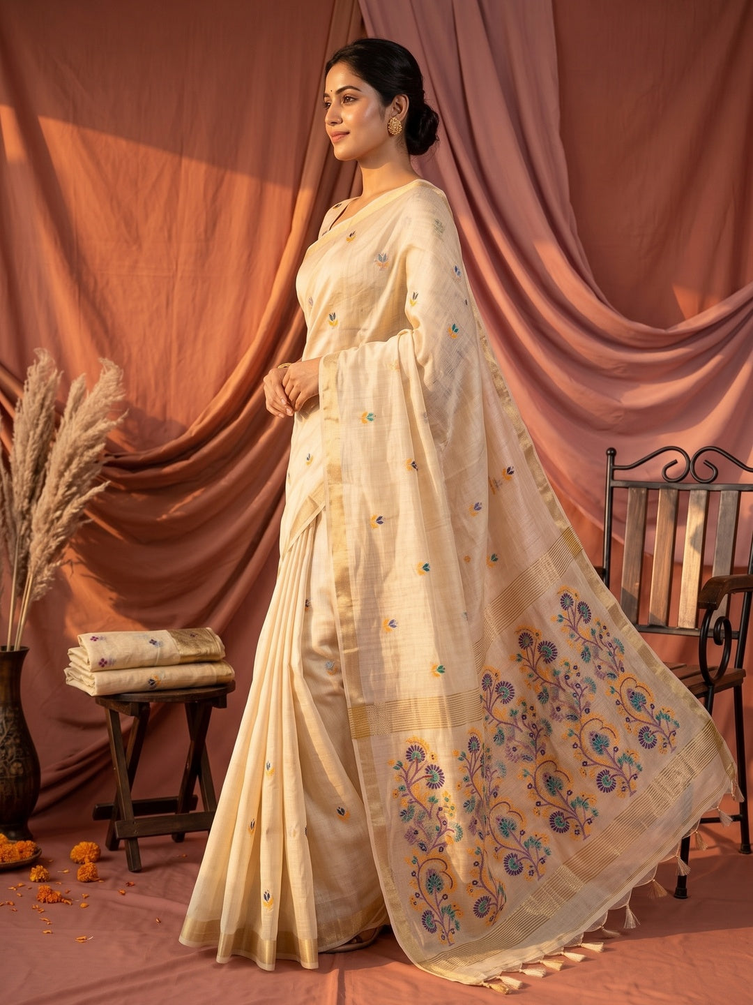 Peachmode Cream Cotton Blend Jamdani Woven Saree - Image 4