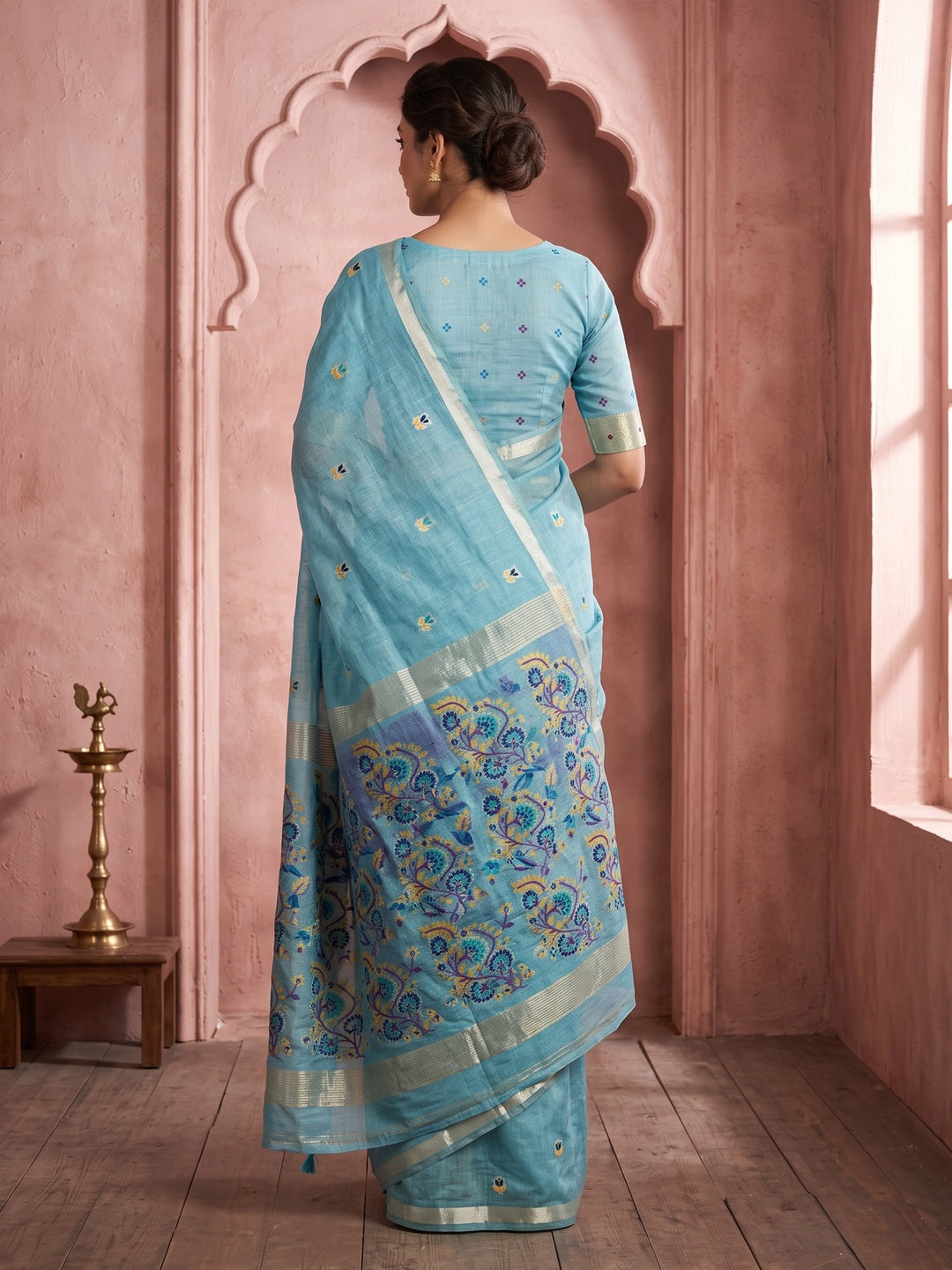 Peachmode Light Blue Cotton Blend Jamdani Woven Saree - Image 5