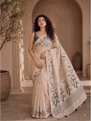 Peachmode Cream Floral Border Linen Cotton Saree - Image 1