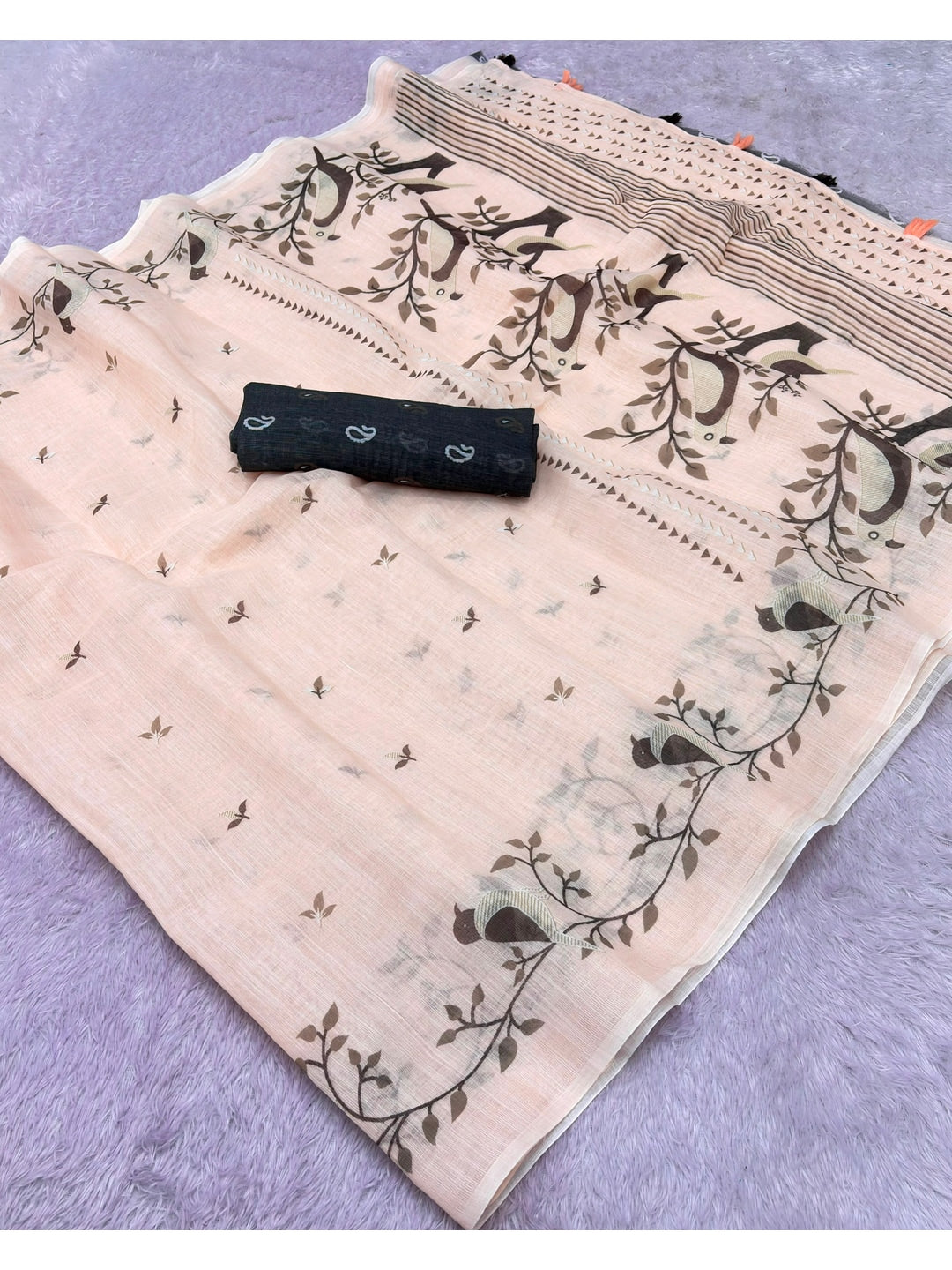 Peachmode Cream Floral Border Linen Cotton Saree - Image 2
