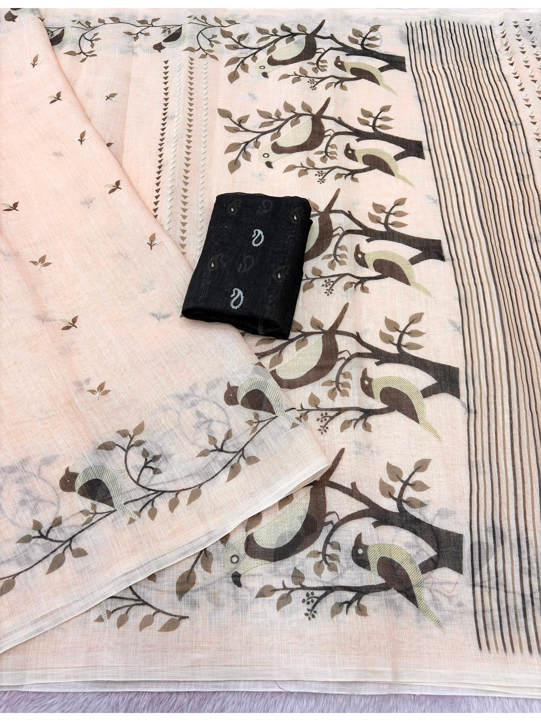 Peachmode Cream Floral Border Linen Cotton Saree - Image 3