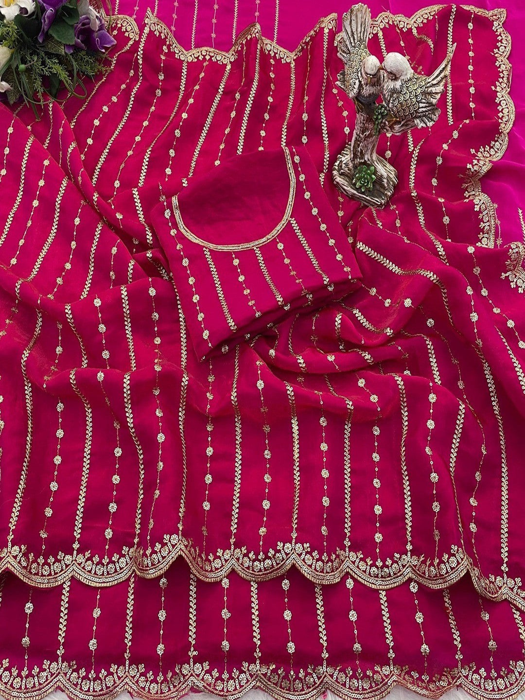 Peachmode Pink Sequin Embroidered Dual Shade Satin Saree - Image 2