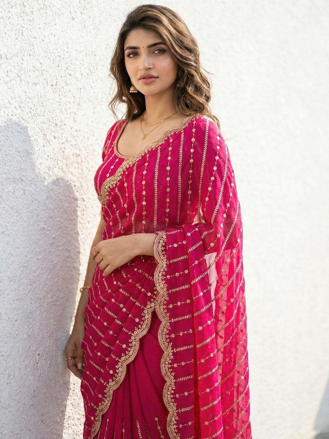 Peachmode Pink Sequin Embroidered Dual Shade Satin Saree - Image 3