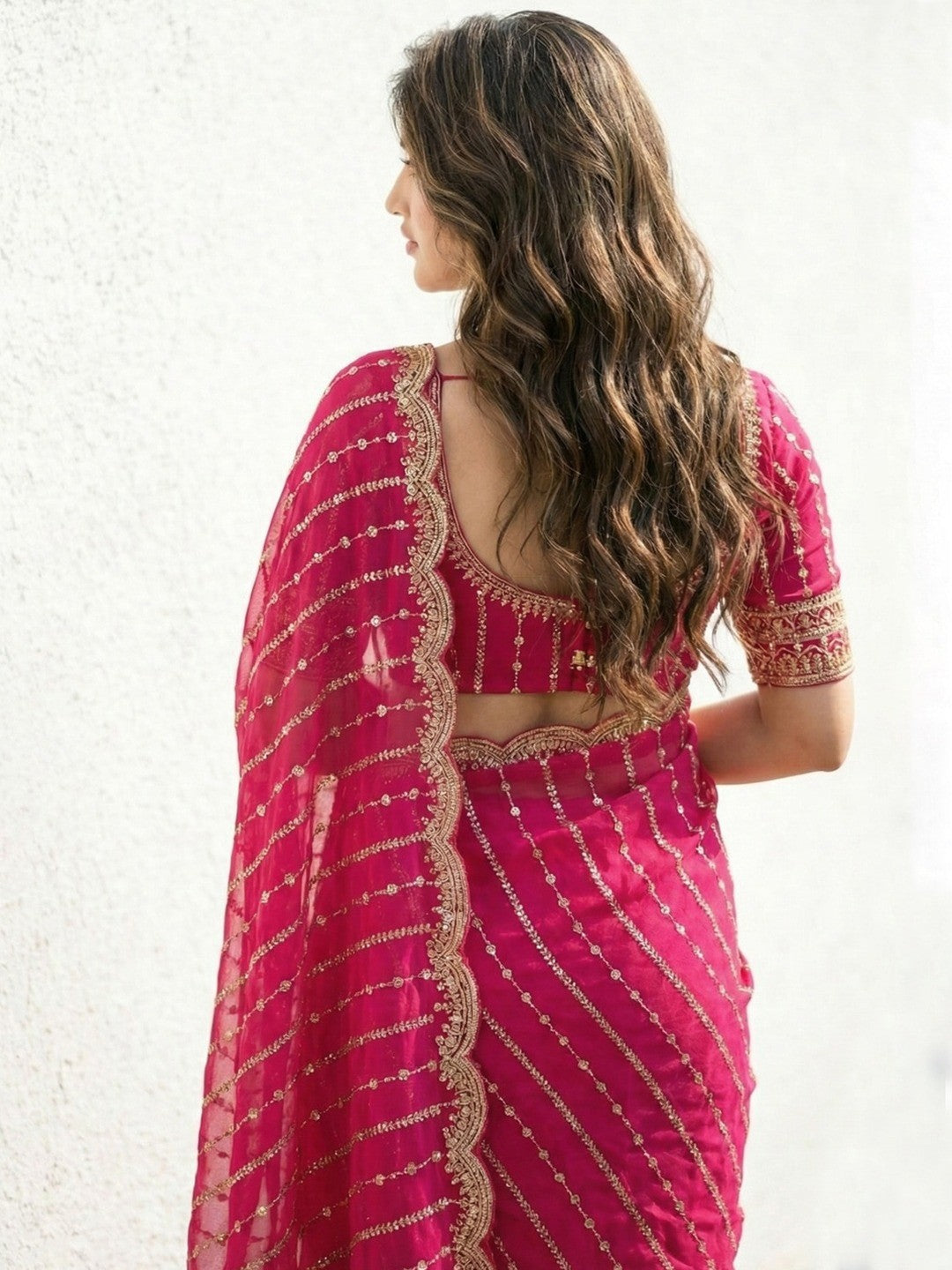 Peachmode Pink Sequin Embroidered Dual Shade Satin Saree - Image 4