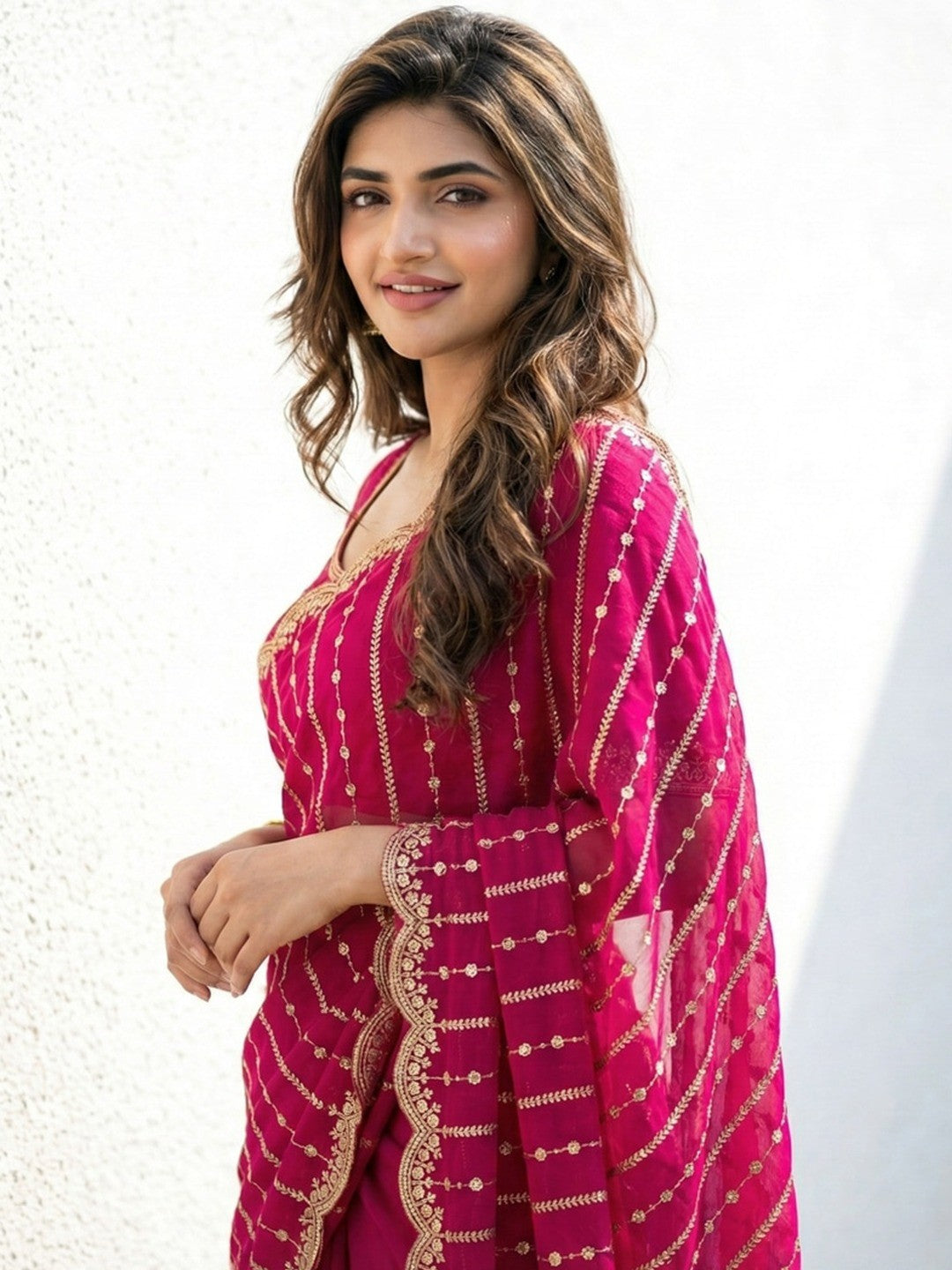 Peachmode Pink Sequin Embroidered Dual Shade Satin Saree - Image 5