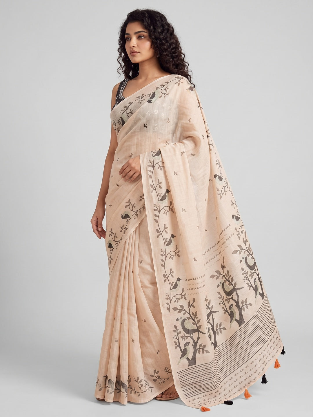 Peachmode Cream Floral Border Linen Cotton Saree - Image 5