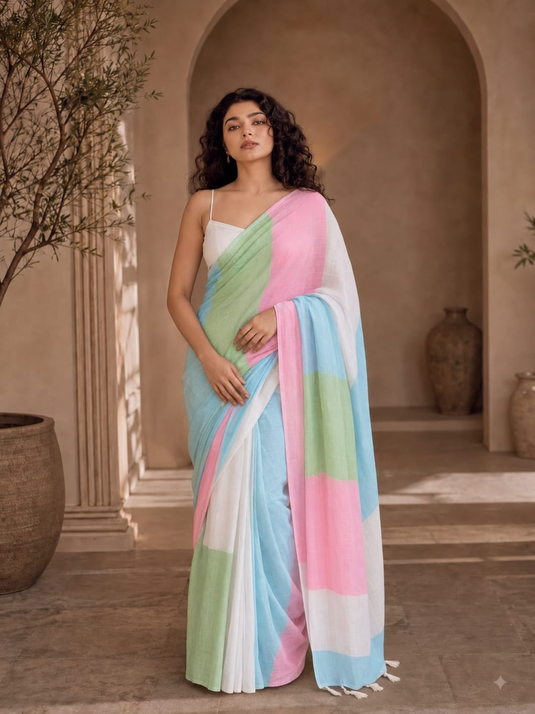 Peachmode Multicolor Striped Linen Cotton Saree - Image 1