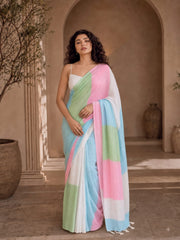 Peachmode Multicolor Striped Linen Cotton Saree