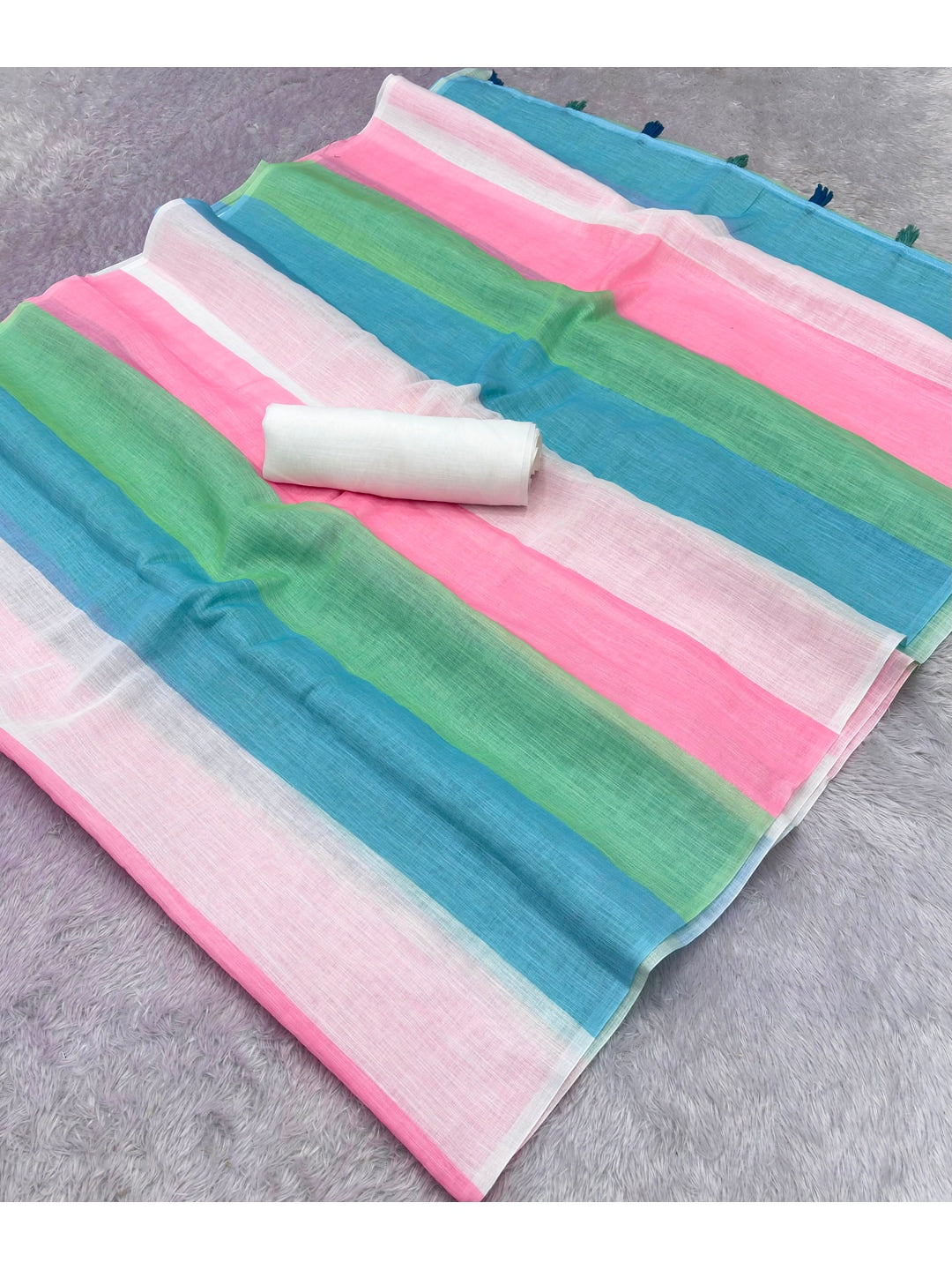 Peachmode Multicolor Striped Linen Cotton Saree - Image 2