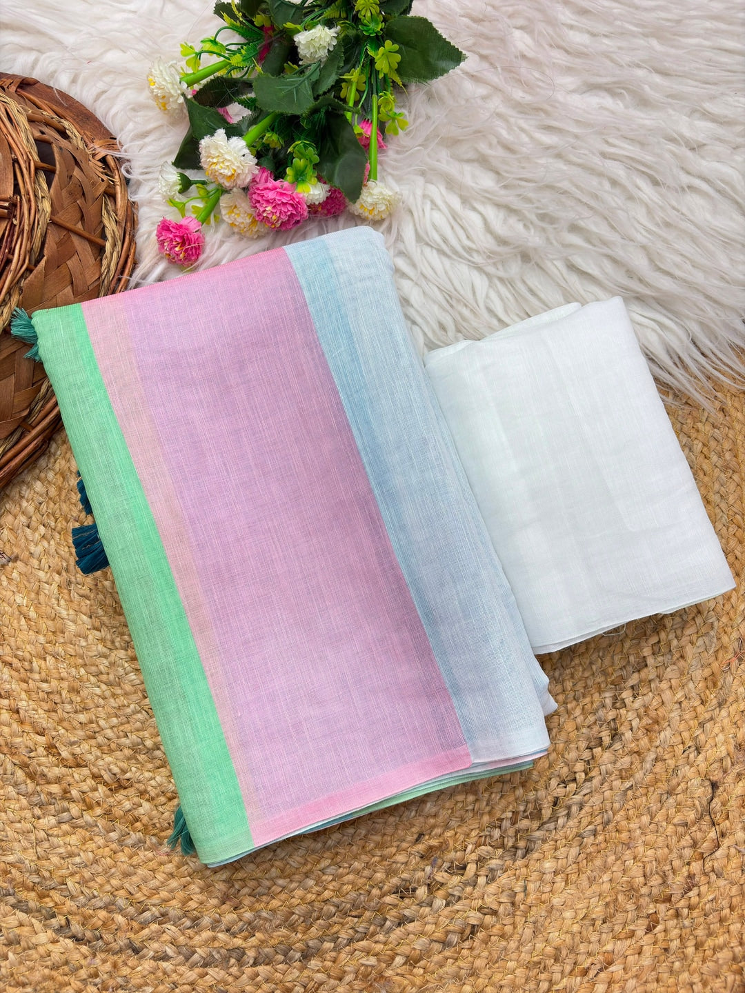 Peachmode Multicolor Striped Linen Cotton Saree - Image 3