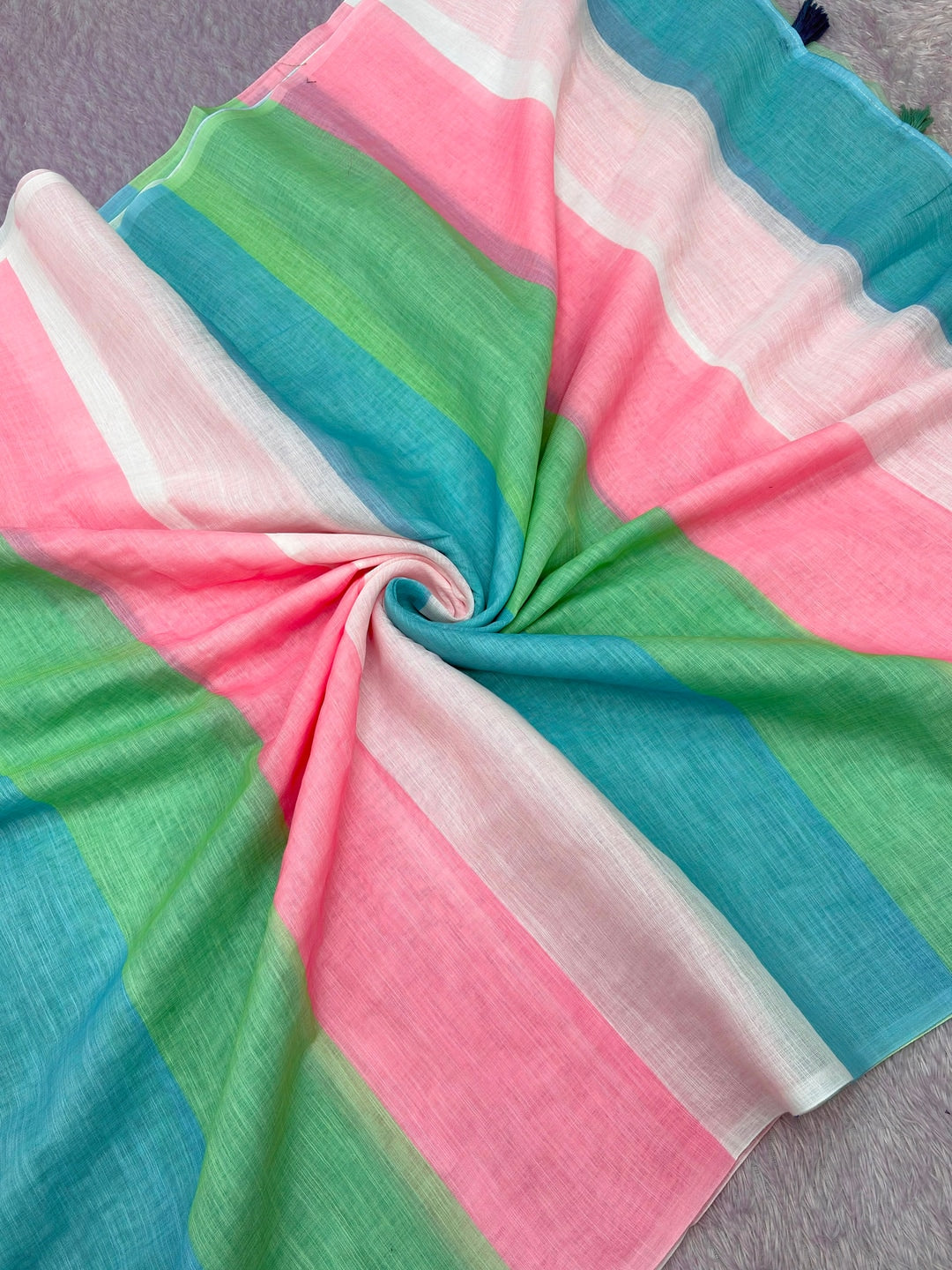 Peachmode Multicolor Striped Linen Cotton Saree - Image 4