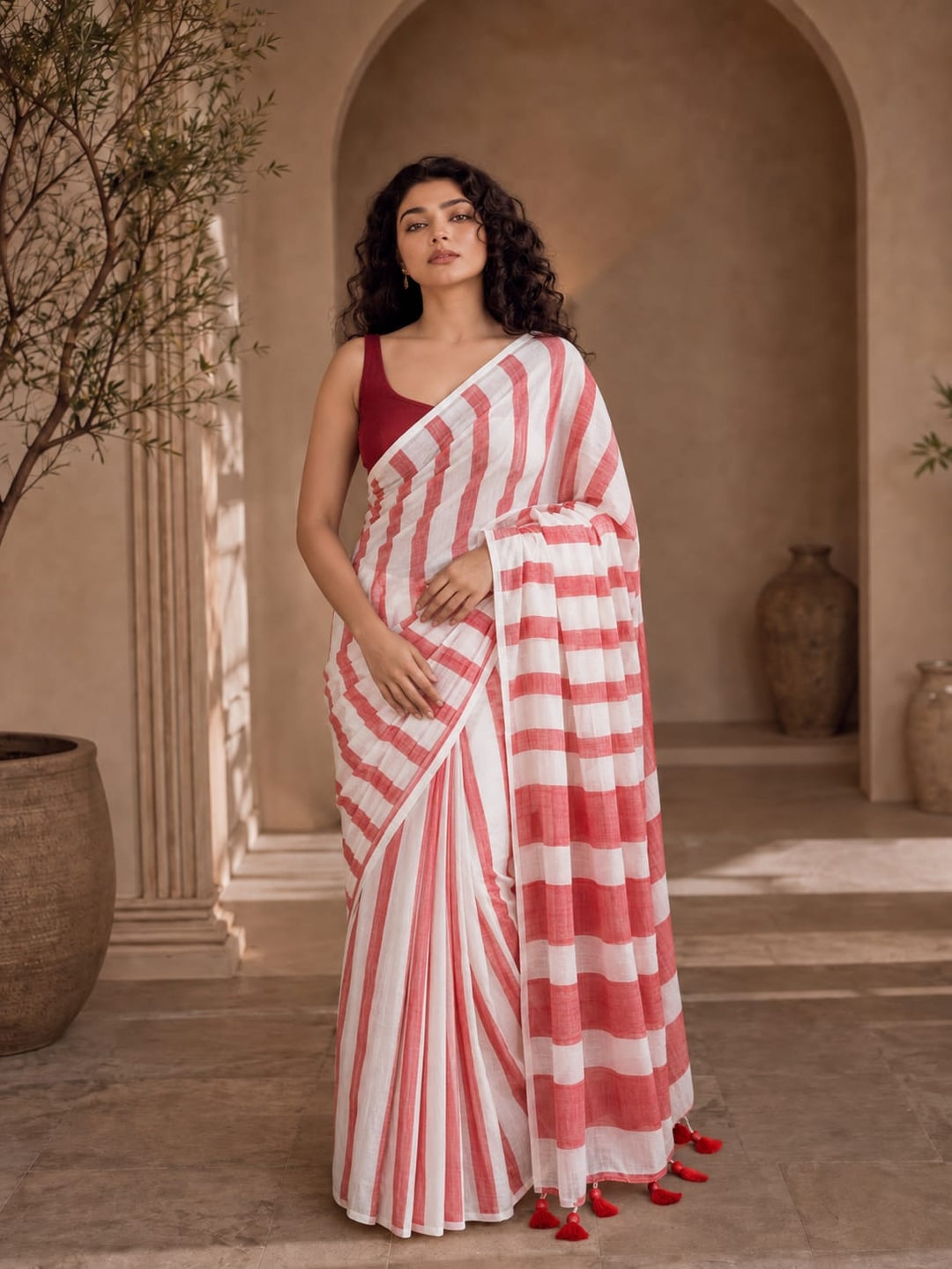 Peachmode Red Striped Linen Cotton Saree - Image 1