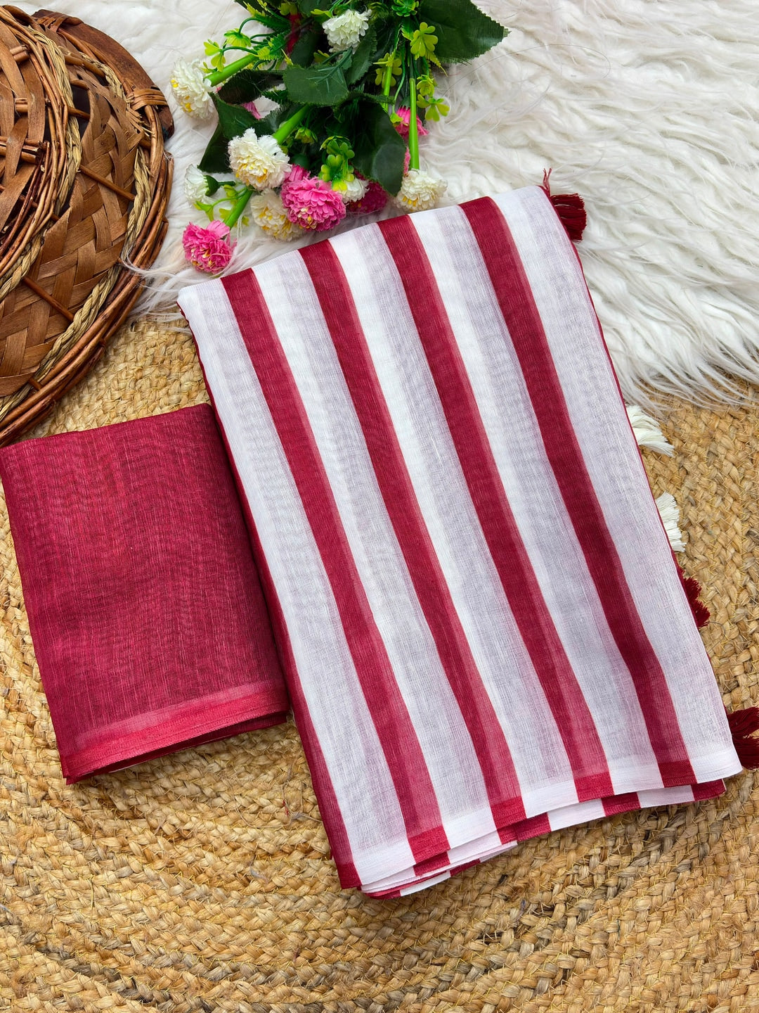 Peachmode Red Striped Linen Cotton Saree - Image 3