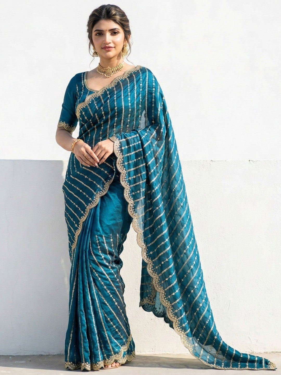 Peachmode Teal Sequin Embroidered Dual Shade Satin Saree - Image 1