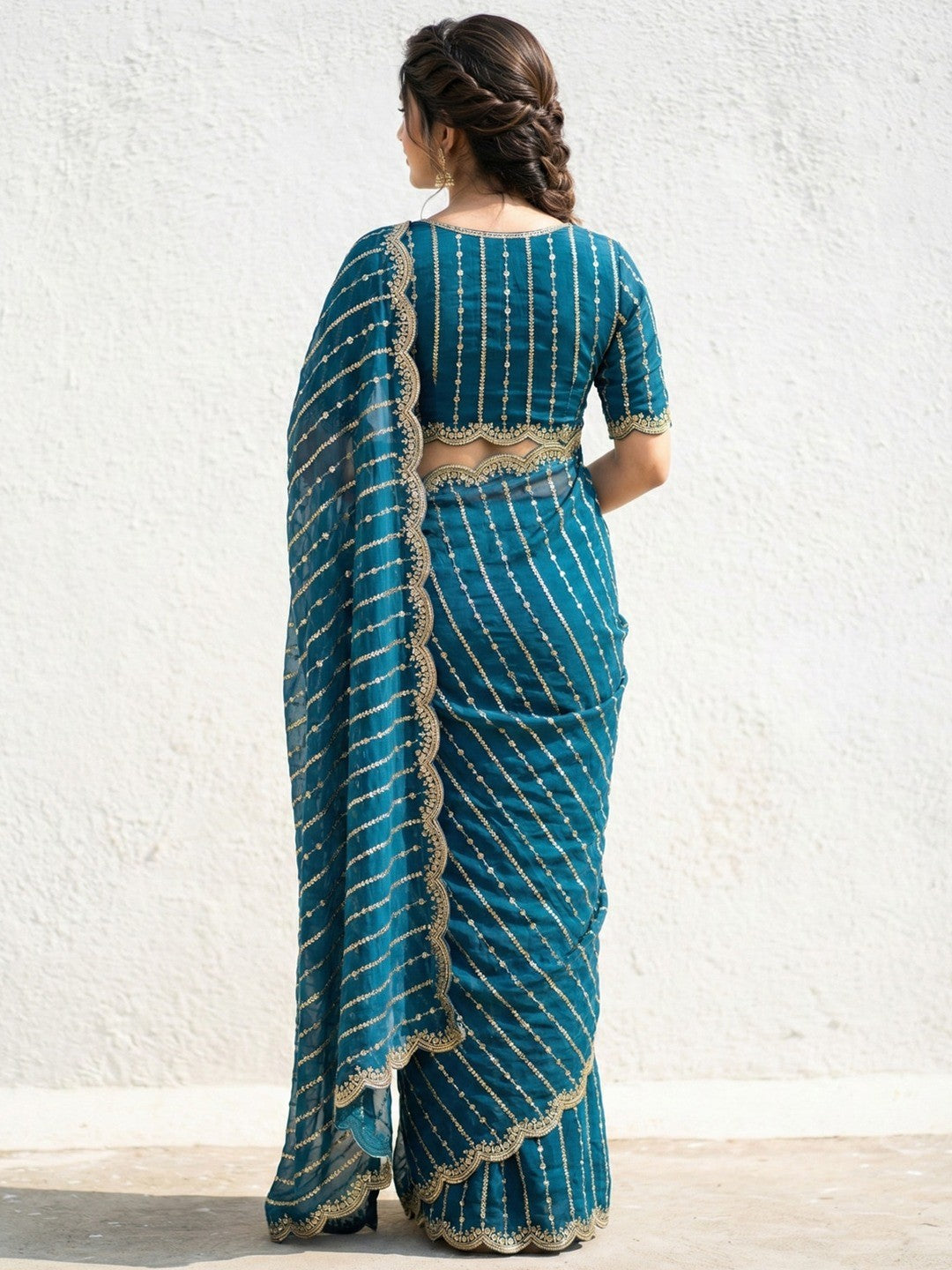 Peachmode Teal Sequin Embroidered Dual Shade Satin Saree - Image 2