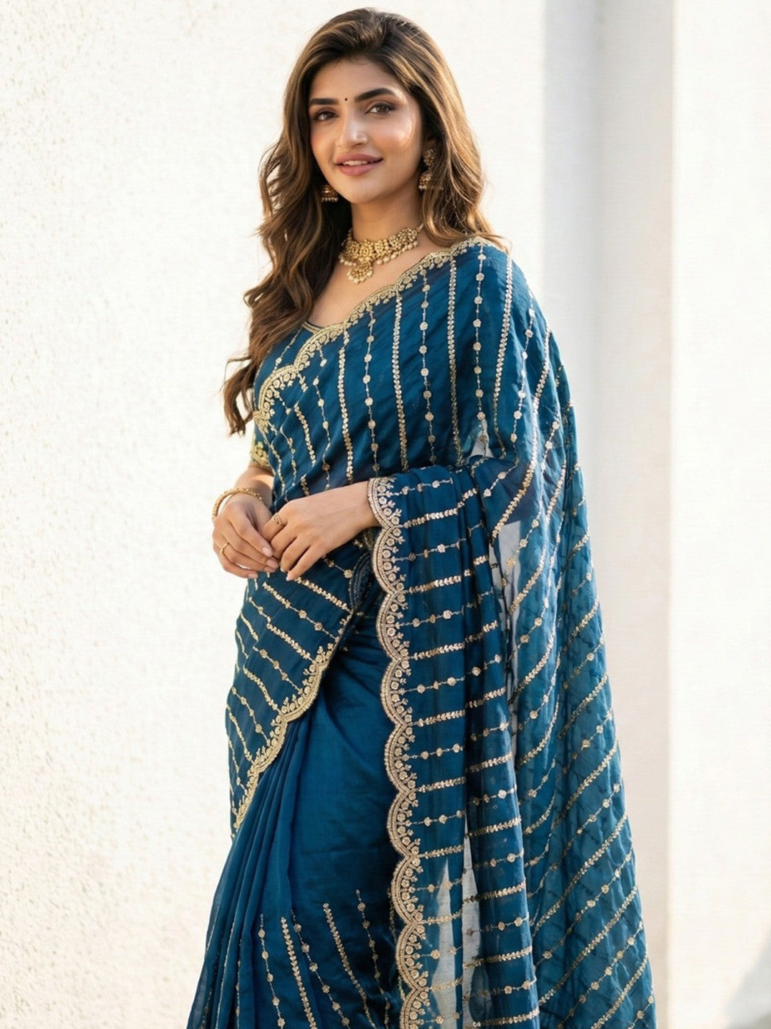 Peachmode Teal Sequin Embroidered Dual Shade Satin Saree - Image 3