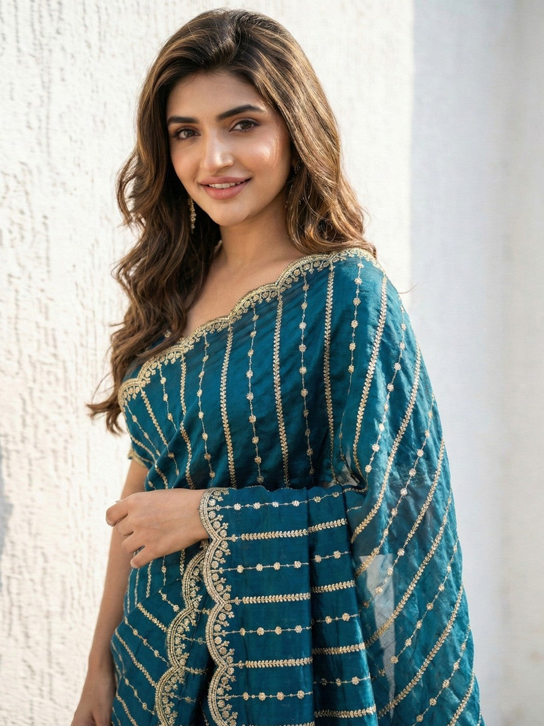 Peachmode Teal Sequin Embroidered Dual Shade Satin Saree - Image 4