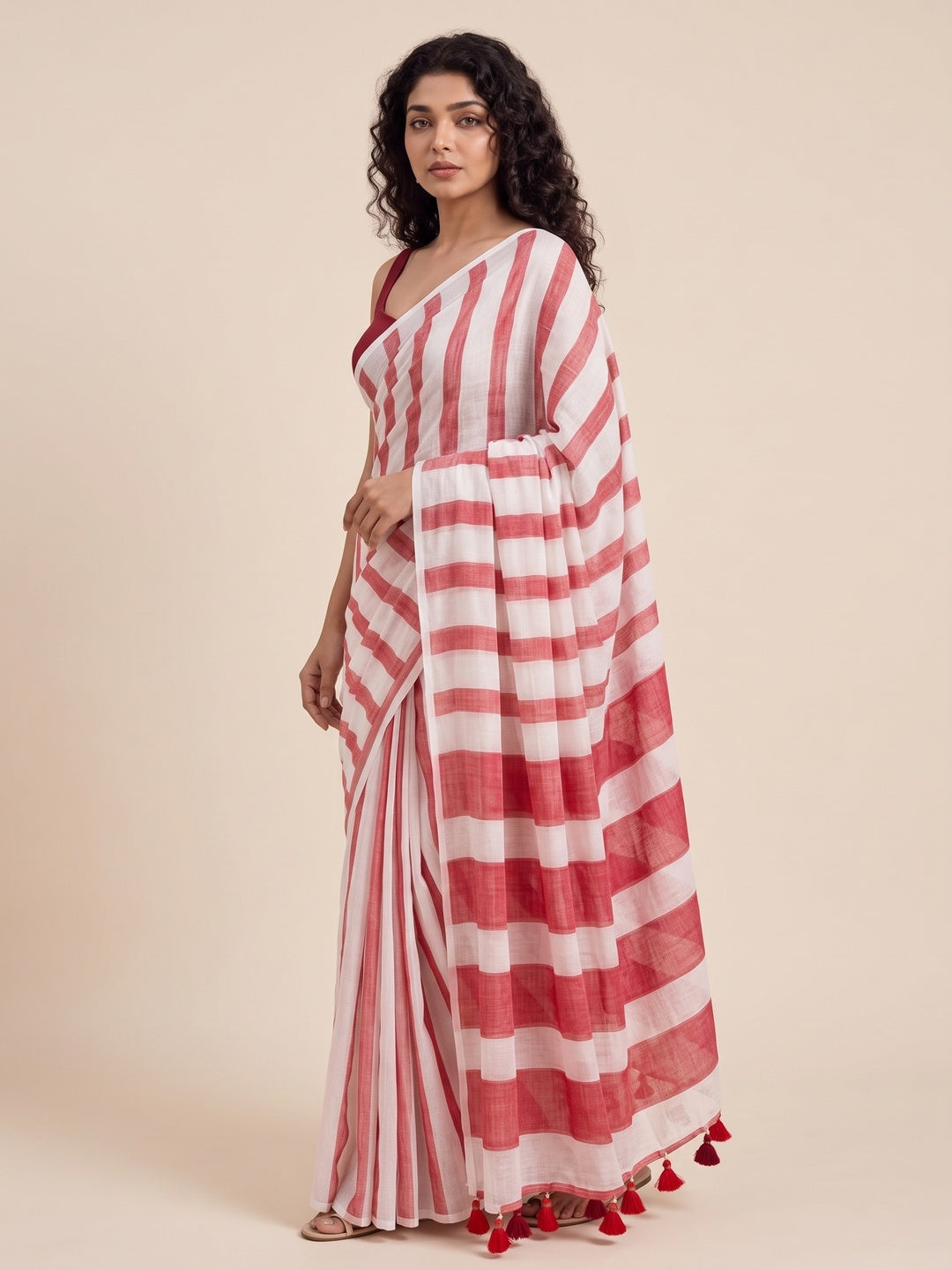 Peachmode Red Striped Linen Cotton Saree - Image 5