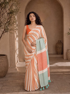 Peachmode Orange Green Striped Linen Cotton Saree - Image 1
