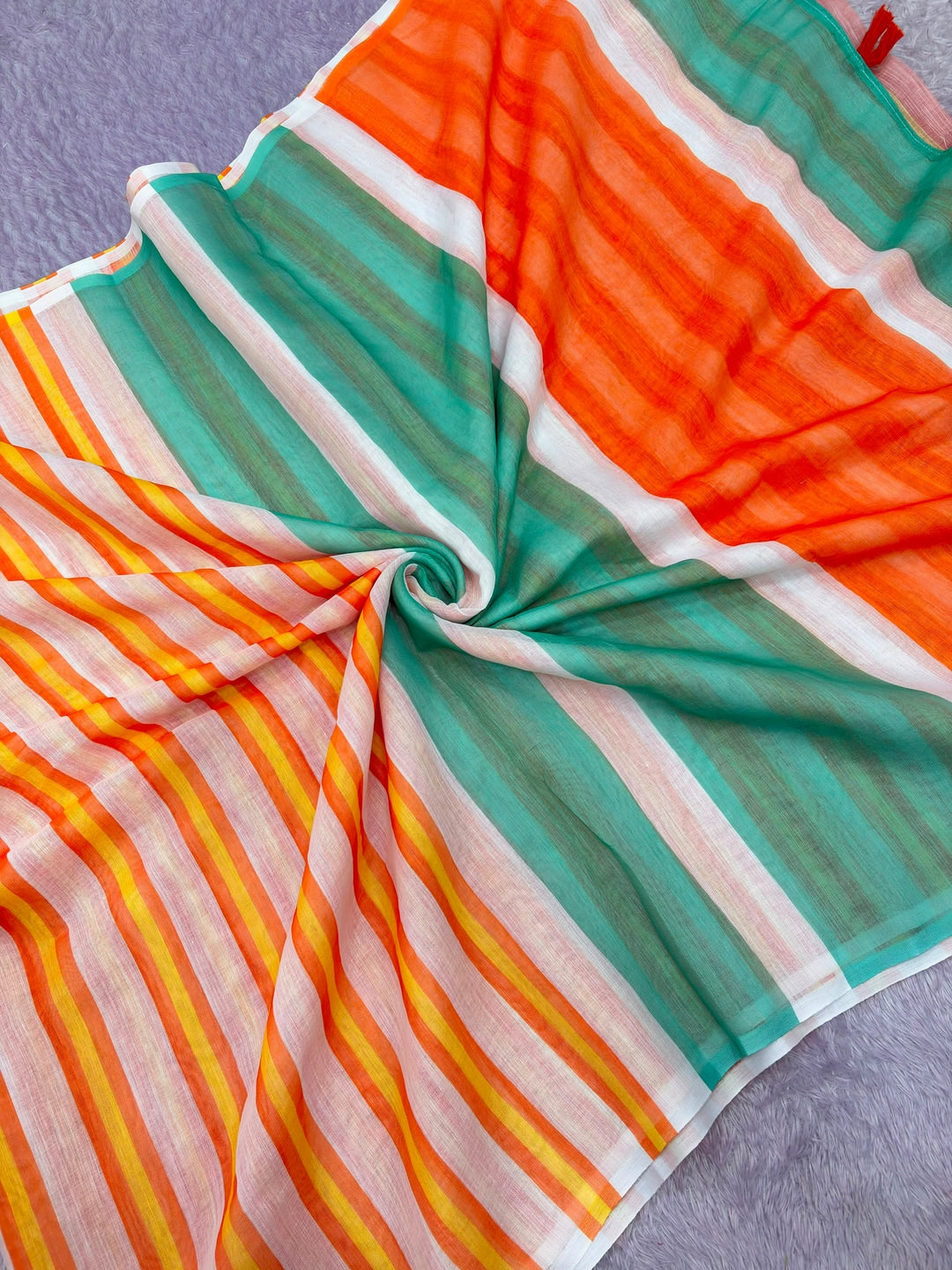 Peachmode Orange Green Striped Linen Cotton Saree - Image 2